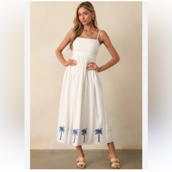 MINKPINK Dresses & Skirts - MinkPink White tropical palm tree embroidered midi dress